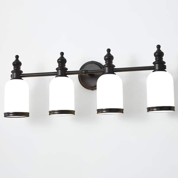 Deyidn 27.75 in. Black 4-Light Bathroom Vanity Light with Milky White Glass Shades, Dimmable, Suitable for Bathroom Living Room
