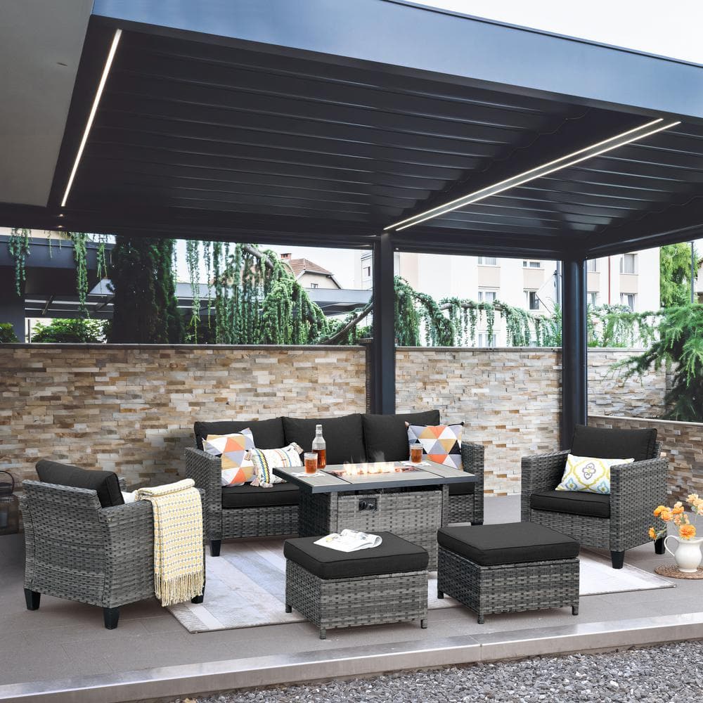 New Vultros Gray 6-Piece Wicker Patio Fire Pit Conversation Seating Set with Black Cushions price history on PriceWatchPro