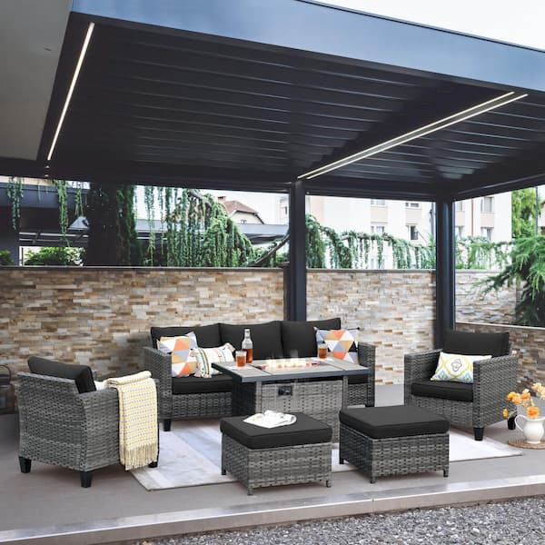 OVIOS New Vultros Gray 6-Piece Wicker Patio Fire Pit Conversation Seating Set with Black Cushions