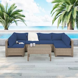 Maui 7-Piece Wicker Patio Conversation Set with Cobalt Cushions