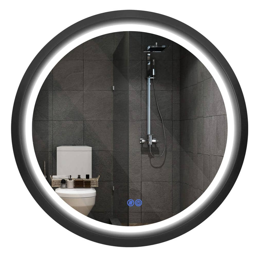 Fab Glass and Mirror 36 in. Round Modern Matte Black Framed Decorative LED Mirror Wall Mounted Anti-Fog and Dimmer Touch Sensor