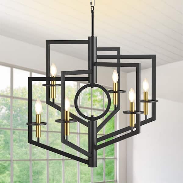 6-Light Black and Gold Kitchen Island Large Chandeliers, Industrial Adjustable Hanging with Swing Frame