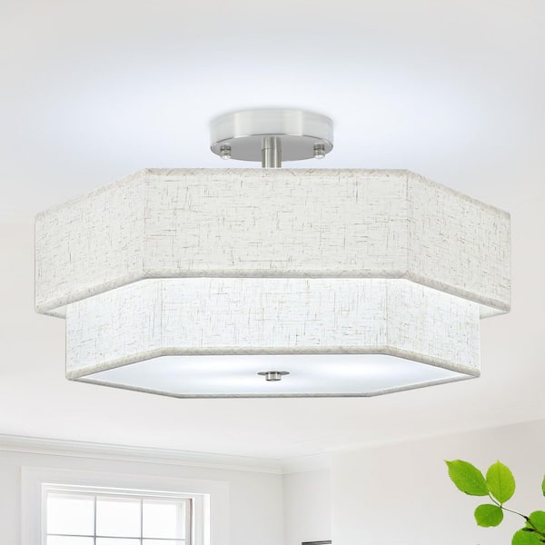 ZSMIHDOH 17.7 in. 3-Light Modern Silver Metal and Fabric Drum Semi Flush Mount Ceiling Light Fixture