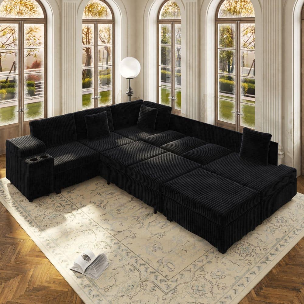 Convertible 110.2 in. Corduroy Fabric Sectional Sofa in Black with USB Ports, Armrest Storage, Cup Holders, Ottoman