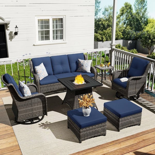 7-Piece Fire Pit Patio Set Wicker Outdoor Patio Conversation Set with Swivel Rocking Chairs, Ottomans and Blue Cushions