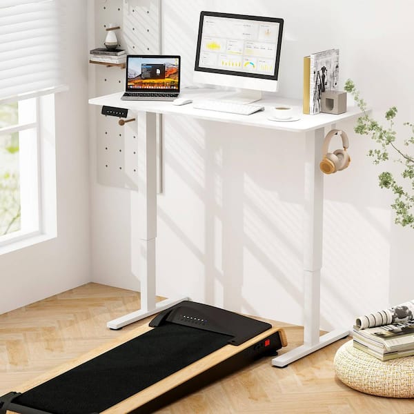 Gymax 48 in. Rectangular White Wood Electric Standing Desk w/3 Memory Height Settings 2 Hanging Hooks