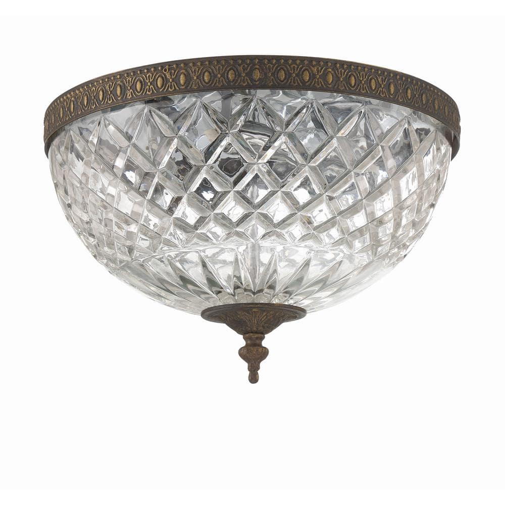 English Bronze Crystal 3-Light Bowl Ceiling Mount