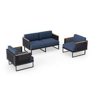 Monterey 4-Seater 3-Piece Aluminum Outdoor Patio Conversation Set With Spectrum Indigo Cushions