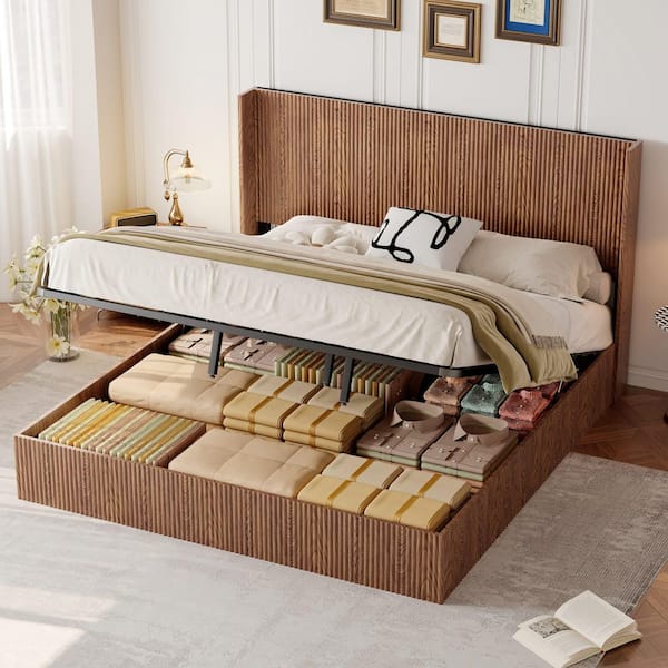 Bella Brown Wood Frame King Size Platform Bed with Lift Storage, Fluted Headboard, Natural