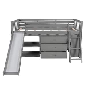 Millie Gray Twin Size Loft Bed with Bookcases Drawers and Slide