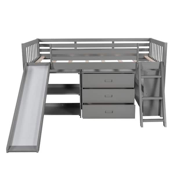 Utopia 4niture Millie Gray Twin Size Loft Bed with Bookcases Drawers and Slide