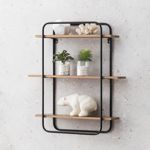 3 Tier Floating Shelf with outlet Geometric Black Finish Metal, Modern Wooden Wall Shel