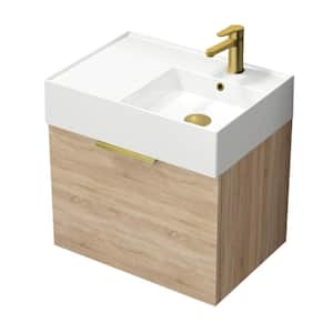 Derin 23.6 in. W x 17.3 in. D x 25.19 in. H Modern Bathroom Vanity in Brown Oak With White Ceramic Top