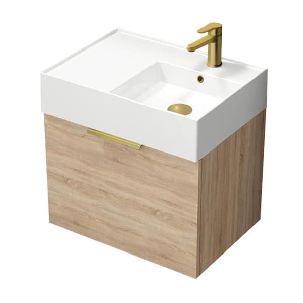 Nameeks Derin 23.6 in. W x 17.3 in. D x 25.19 in. H Modern Bathroom Vanity in Brown Oak With White Ceramic Top