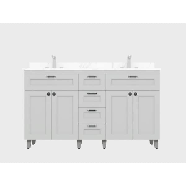 Winette 60 in. W x 21 in. D x 35 in. H Metal Bathroom Vanity in Gray with Carrera Engineered Marble Vanity Top and White Bowls