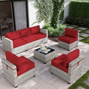 7-Piece Wicker Outdoor Sectional Set with Red Cushion
