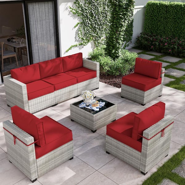 Kimunuk 7-Piece Wicker Outdoor Sectional Set with Red Cushion