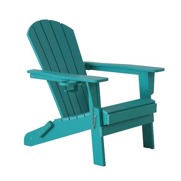JUSKYS Blue-green Folding Composite Outdoor Patio Adirondack Chair with Cup Holder for Garden/Backyard/Fire pit/Pool/Beach