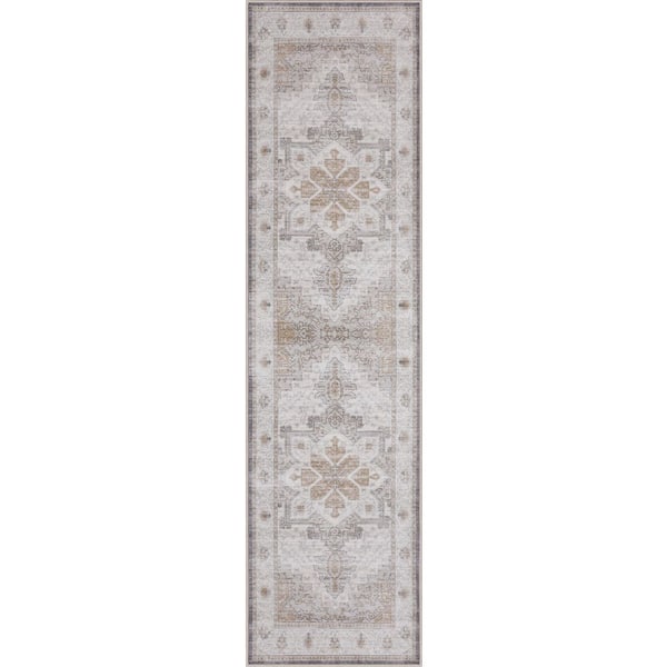 Eleanor Vintage Medallion Border Machine-Washable Cream/Beige 2 ft. x 8 ft. Runner Rug