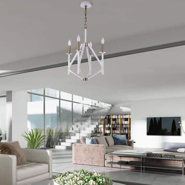 The Reserve 4-Light Matte White/Satin Brass Finish Candle Pendant Chandelier for Dining/Kitchen/Foyer, No Bulbs Included