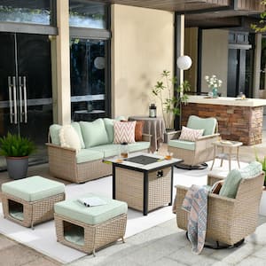Hera 7-Piece Wicker Outdoor Patio Fire Pit Seating Sofa Set with Light Green Cushions and Swivel Rocking Chairs