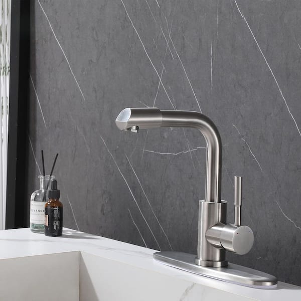 1-Handle 1-Hole Bathroom Sink Faucet Stainless Steel 360° Rotation Bathroom Faucet with Detachable Aerator in Silver
