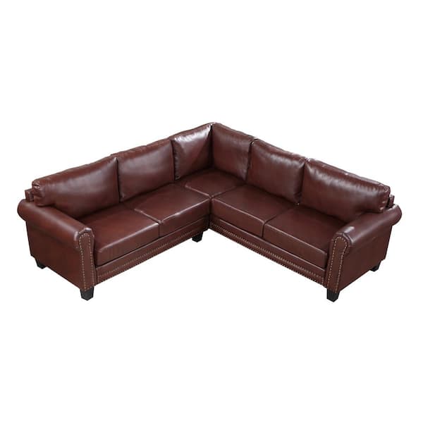 Angel Sar 86 in W Round Arm 3-piece L Shaped Faux Leather Modern Sectional Sofa in Brown w/Rivet Ornament