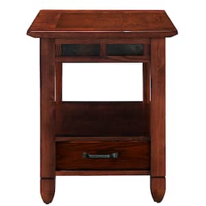 20 in. W x 24.5 in. D Distressed Rustic Oak Rectangle Wood End Table with Slate Stone Highlights 1-Drawer and Shelf