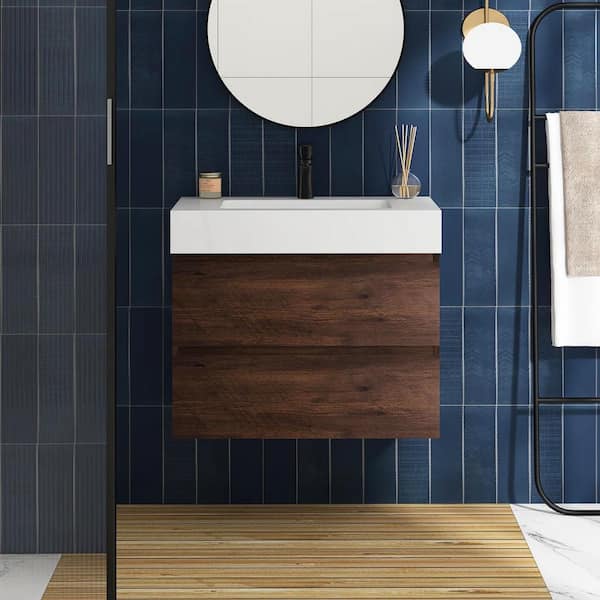 Boosicavelly 30 in. W x 18 in. D x 25 in. H Single Sink Floating Bath Vanity in Walnut with White Cultured Marble Top