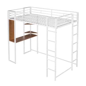White Twin Size Metal Loft Bed with Desk and Triangular Shelf, Loft Bed with Full Length Guardrail and 2 Built-In Ladder