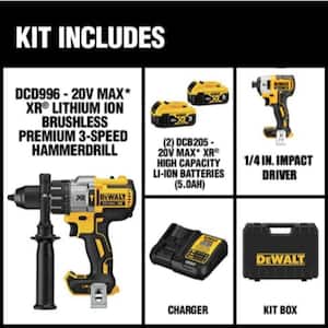 20V MAX XR Lithium-Ion Cordless Brushless Hammer Drill, 1/4 in. Impact Driver, (2) 5.0Ah Batteries, Charger, and Case