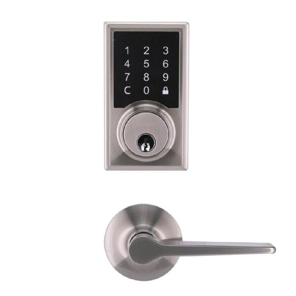 Square Satin Nickel Electronic Single Cylinder Touchpad Deadbolt with Freedom Hall/Closet Door Lever