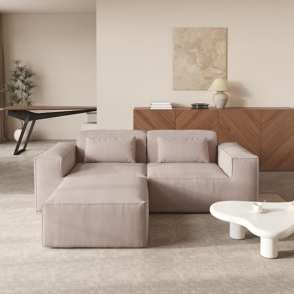 87 in. Square Arm Fabric Memory Foam L-shaped 2-Seater Modular Sectional Sofa with Ottoman in Brown No Assembly Required