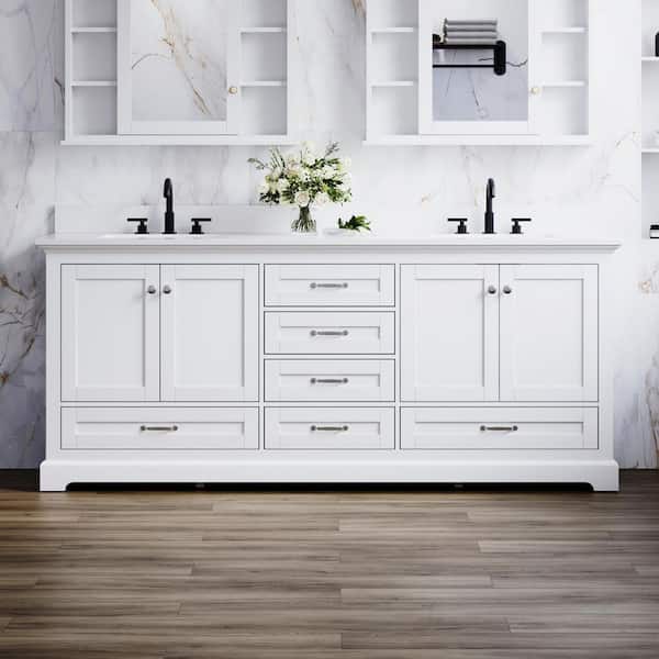 QUE 80 in. W Solid Wood Double Sink Bath Vanity in White with White Cultured Marble Top, Soft-Close Drawers, Assembled