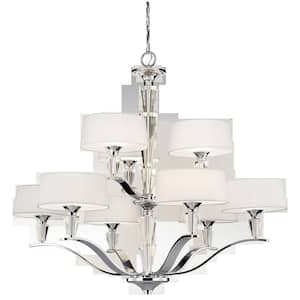 Crystal Persuasion 9-Light Chrome Transitional Dining Room Chandelier with White Fabric Shade