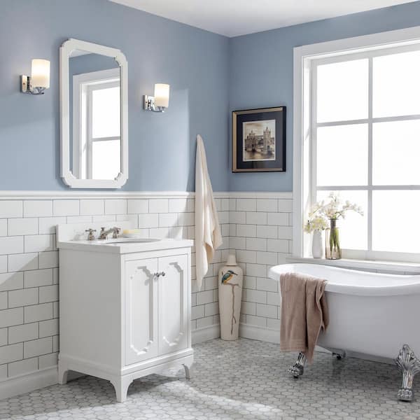 Queen 24 in. Bath Vanity in Pure White with Quartz Carrara Vanity Top with Ceramics White Basins