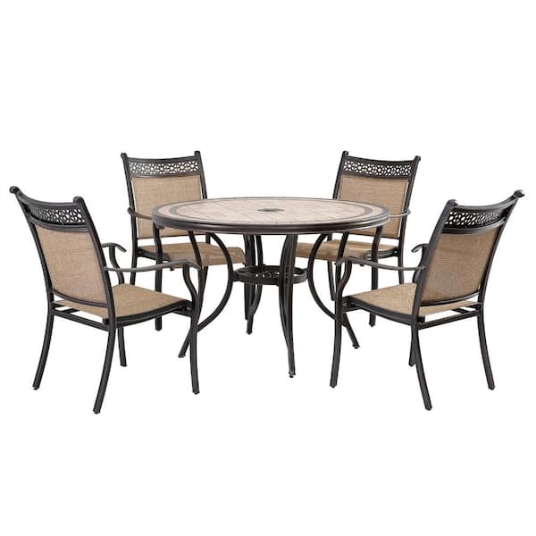Mondawe 5-Piece Cast Aluminum Round Dining Sling Set with 47.8 in. Tile-Top Table and Light Brown Classic Pattern Sling Chairs