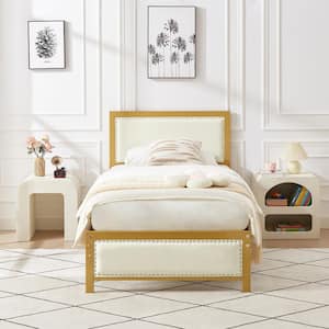 Metal Twin Beige Bed Frame with Linen Upholstered Headboard, Platform Bed with 12.6 in. Under Bed Storage and Nailhead