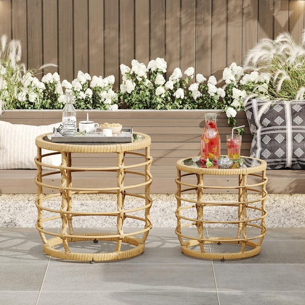 17.7 in. and 13.8 in. Yellow Rattan Round End Table Set with Glass Tops and Solar Ambient Lights (Set of 2)