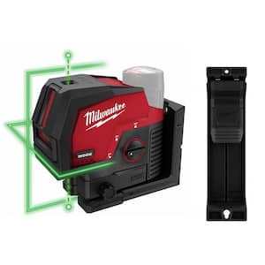M12 12-Volt Lithium-Ion Cordless Green 125 ft. Cross Line and Plumb Points Laser Level and Track Clip (2-piece)