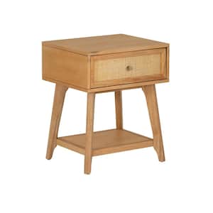 Carolina 18 in. Natural Cane Rectangle Wood Side End Table Nightstand with 1-Drawer