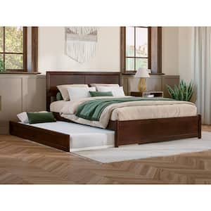 Lylah Walnut Brown Solid Wood Frame Full Platform Bed with Panel Footboard and Twin Trundle