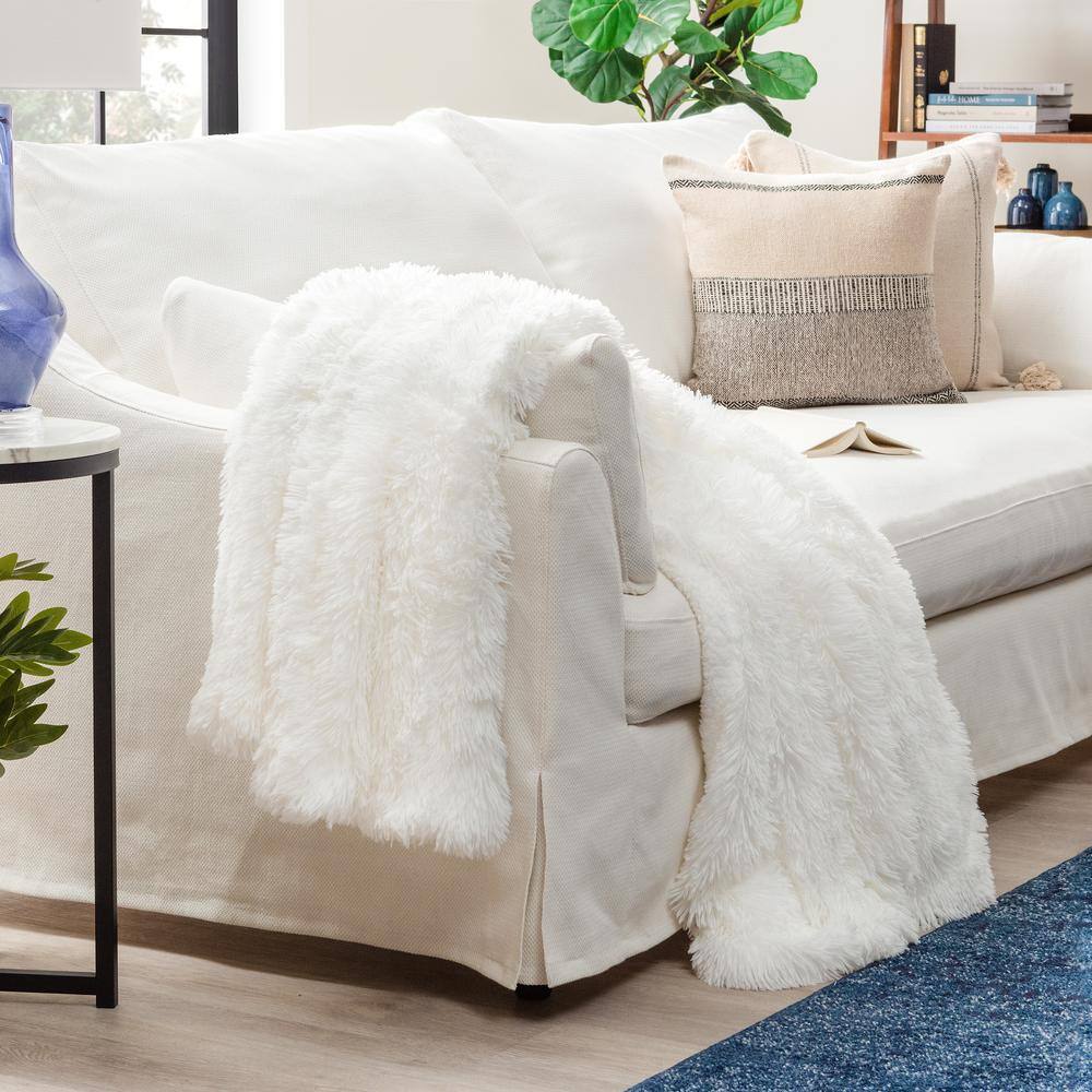 White Reversible Faux Fur and Sherpa Throw Blanket 50" x 65"