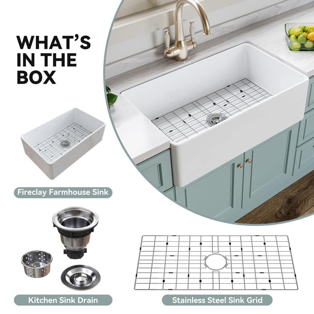 White Fireclay 33" Farmhouse Apron Front Single Bowl Kitchen Sink