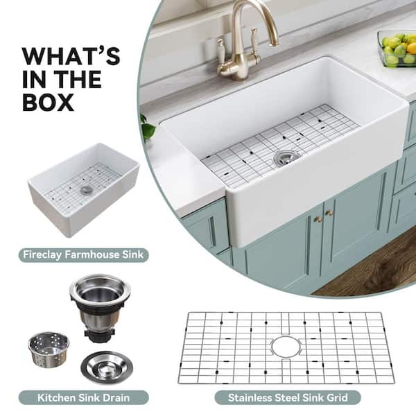 White Fireclay 33 in. Single Bowl Kitchen Sink Farmhouse Apron Front with Bottom Grid and Strainer