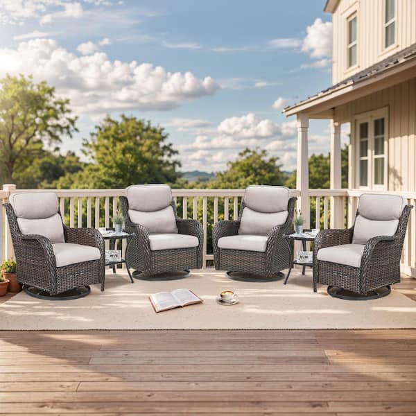 moosprr LunaCurve 6-Piece Brown Wicker Patio Conversation Set with 5 in. Olefin Beige Cushions and Swivel Gliders/Side Tables