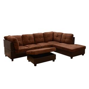 Chocolate Microfiber 3-Seater Right-Facing Chaise Sectional Sofa with Ottoman
