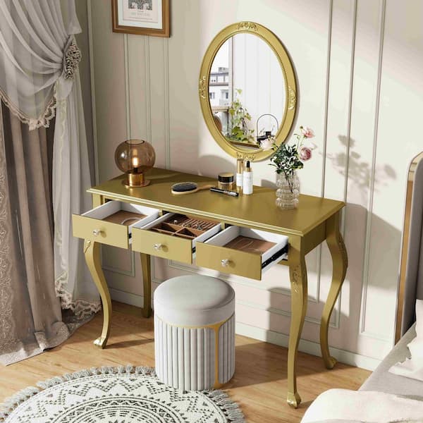 2-Piece Gold Makeup Vanity Set with Oval Mirror and 3-Drawer