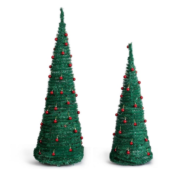 2pcs 6ft. 5ft. Pop Up Artificial Christmas Tree with Red Ball Ornaments