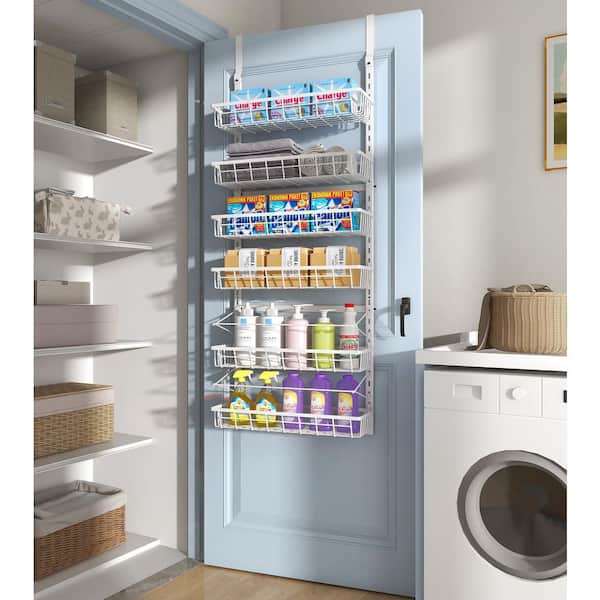 Over The Door White Pantry Organizer, 6-Tier Adjustable Hanging Baskets, Metal Wall Mount Spice Rack Seasoning Shelves